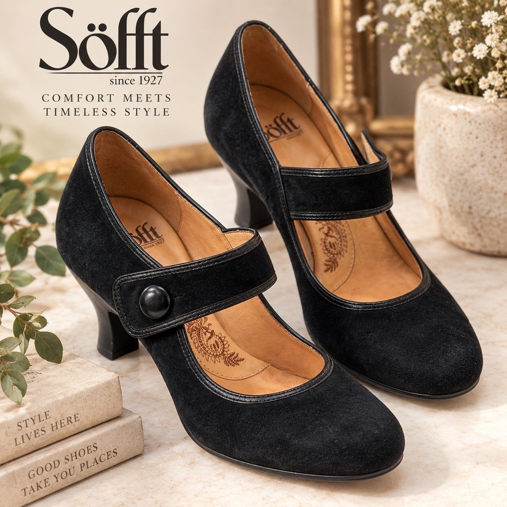 Sofft Black Suede Mary Jane Pumps Flared Heel Leather Trim Size 8M